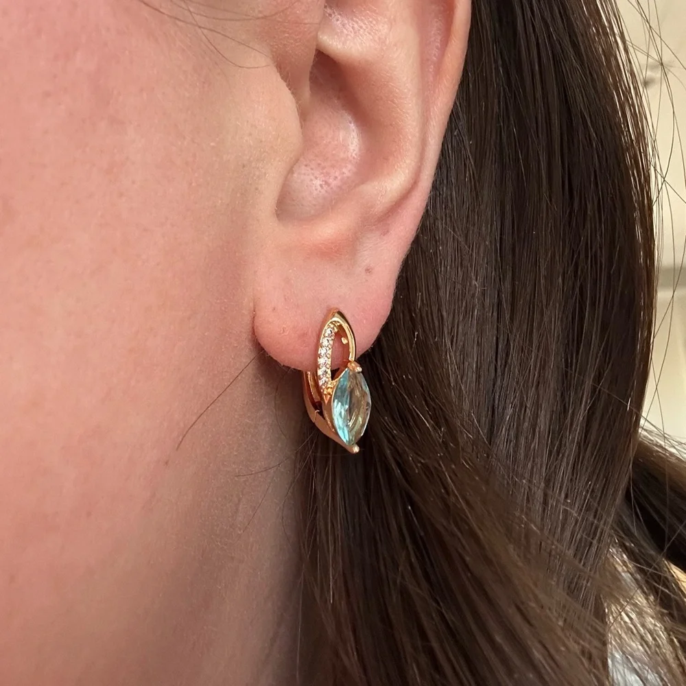 NEW Pretty Bird Jewelry | Rose Gold Plated C-Hoop Earrings - Aqua & White Stones